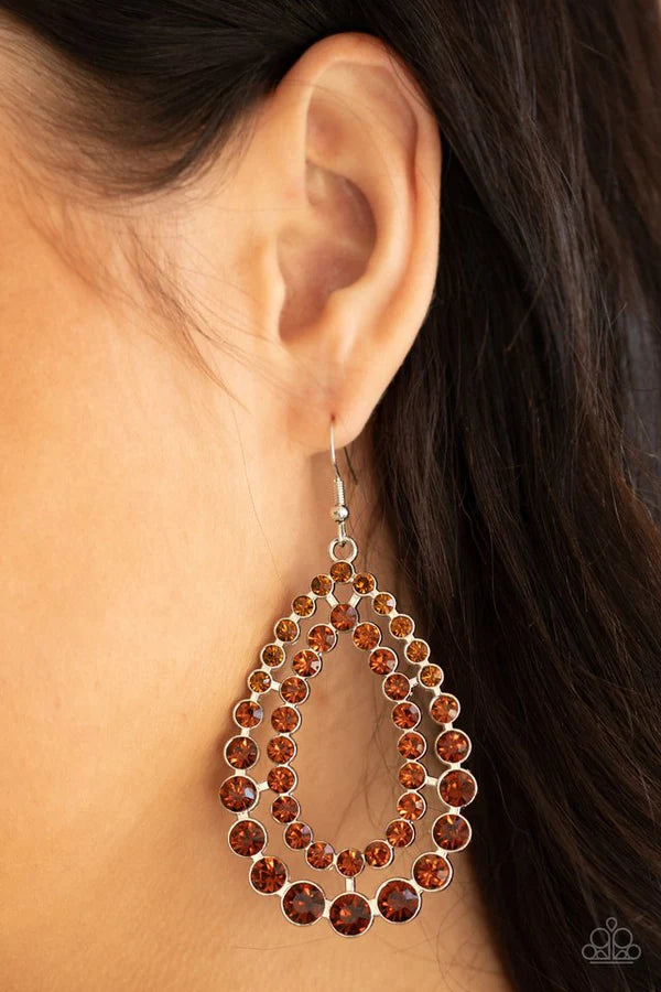 Glacial Glaze - Oversized Brown Rows Of Topaz Encrusted Coalesce Duo Blinding Teardrops Jaw-Dropping Dazzle Earrings E#1426
