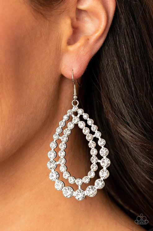 Glacial Glaze - Oversized White Rows Of White Encrusted Coalesce Duo Blinding Teardrops Jaw-Dropping Dazzle Earrings E#2626