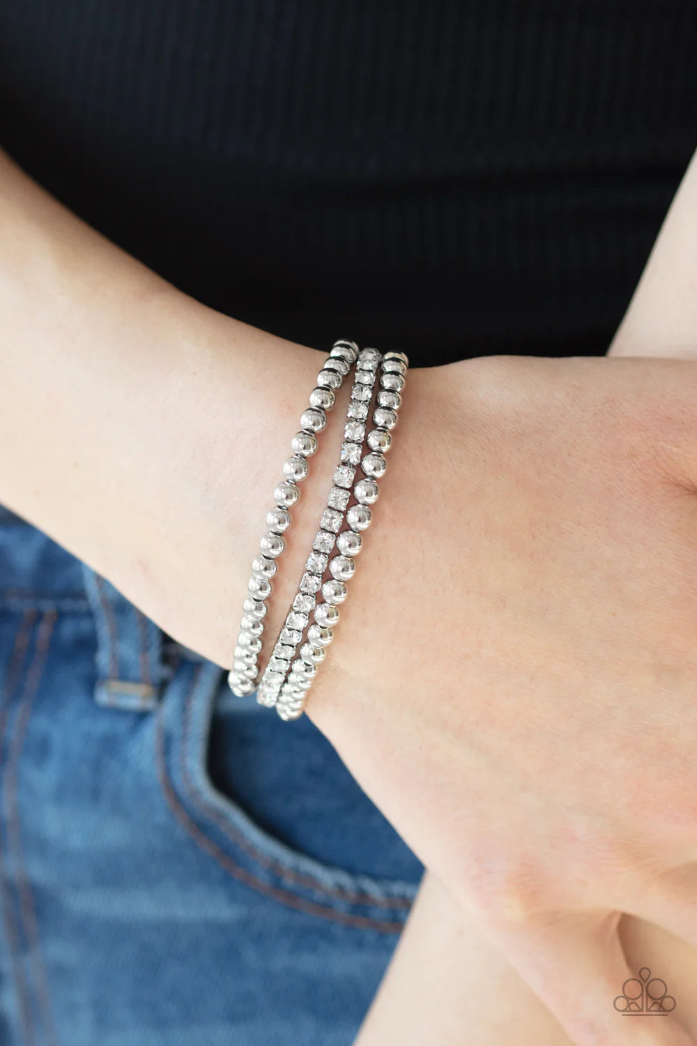 Glam Game - White/Silver Encrusted Bracelet Stack B#892