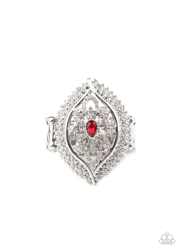 Glammed Up Gardens - Red (Fiery) Encrusted White Silver Petals Bloom Teardrop Frame Dramatic Double-Bordered Rows Ring R#1210
