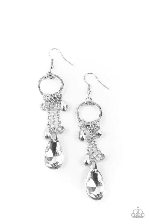 Glammed Up Goddess - Silver Metallic Mismatched Exaggerated Crystal Hammered Hoop  Earrings E#2609
