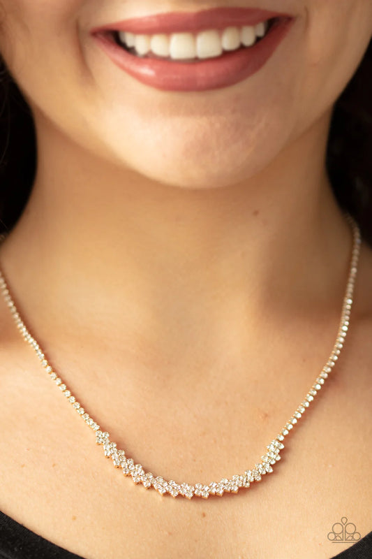 Glamour Glow - Gold Strand White Encrusted Bowing Pendant Glitzy Necklace N#1299