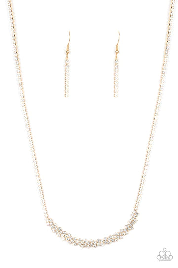 Glamour Glow - Gold Strand White Encrusted Bowing Pendant Glitzy Necklace N#1299