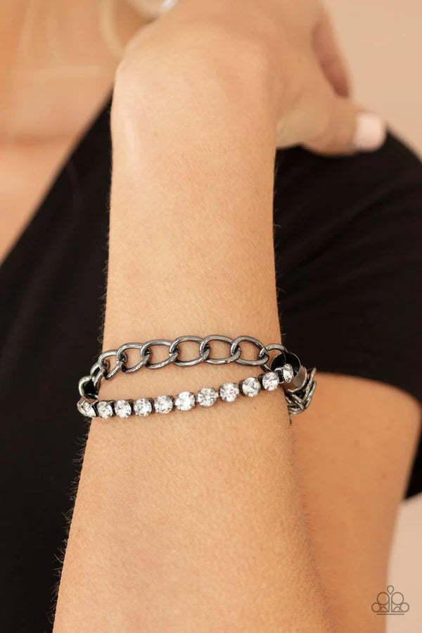 Glamour Grid - Oversized Black Infused Encrusted Exaggerated Chain Bracelet B#1013