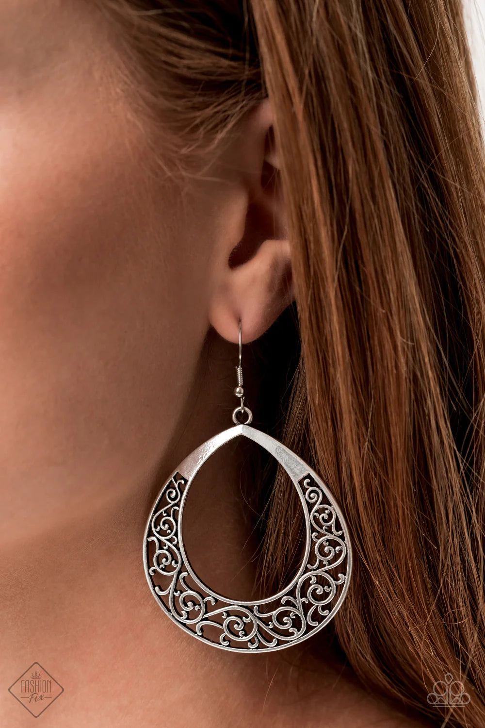 Vineyard Venture - Silver Swirl Vine Filigree Teardrop Hoop Earrings E#1078