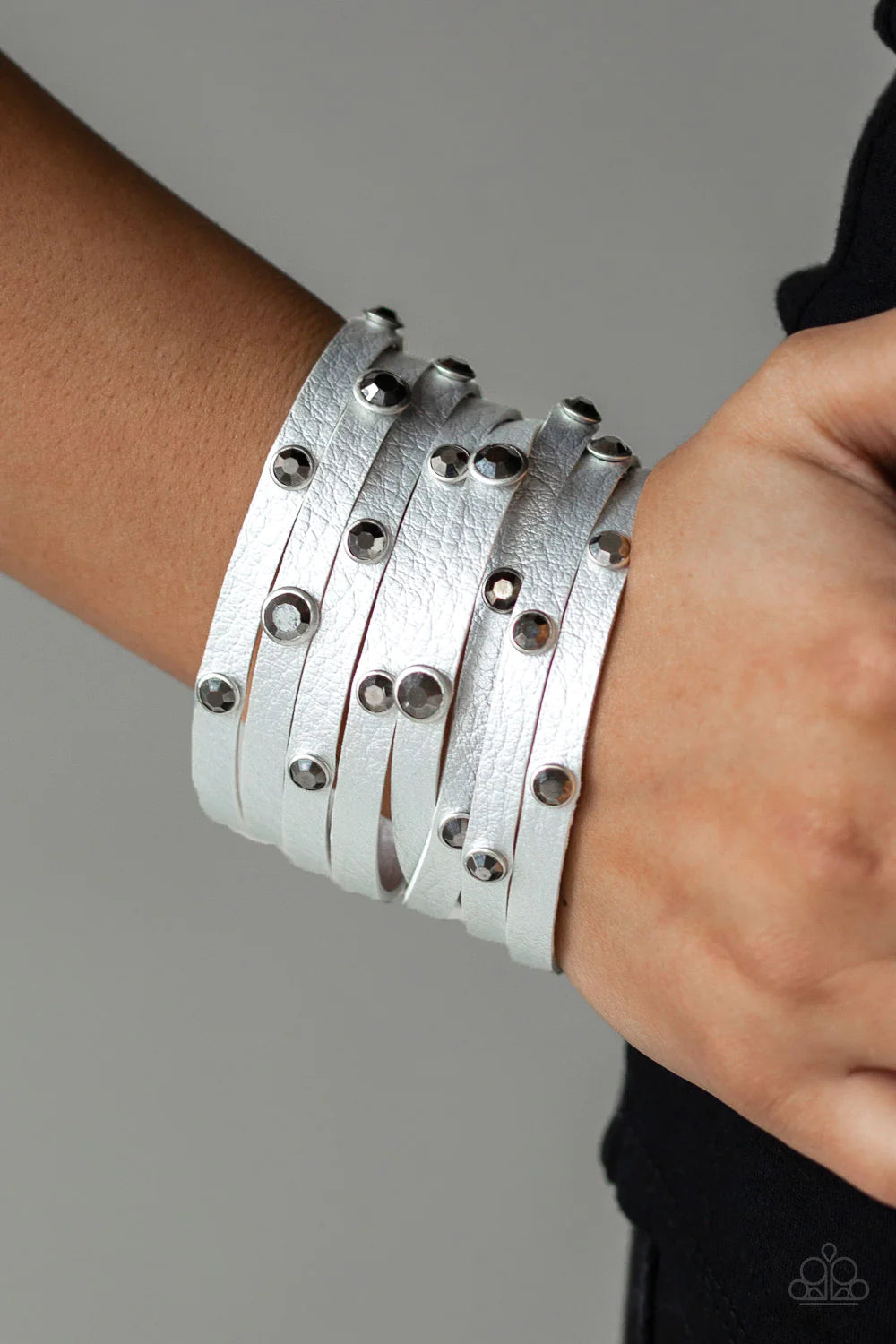 Go-Getter Glamorous - Silver Metallic Shimmer Hematite Encrusted Leather Wrap Adjustable Snap Closure Bracelet B#1073