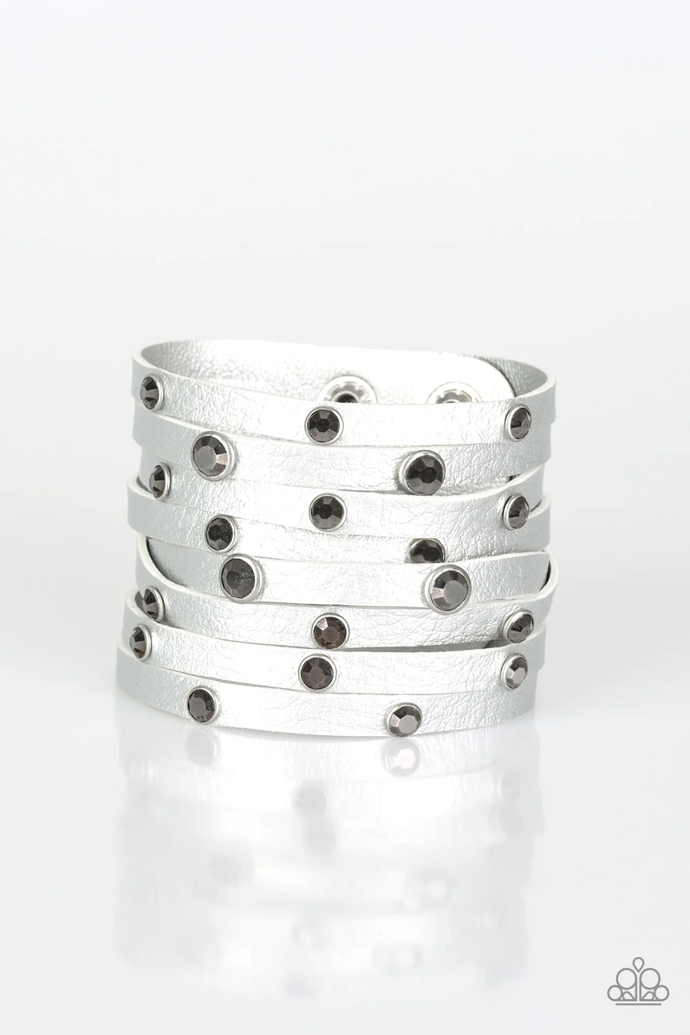 Go-Getter Glamorous - Silver Metallic Shimmer Hematite Encrusted Leather Wrap Adjustable Snap Closure Bracelet B#1073