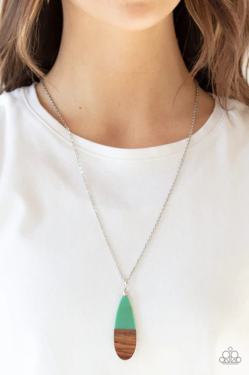 Going Overboard - Biscay Green Dipped Wooden Teardrop Pendant Necklace N#2582