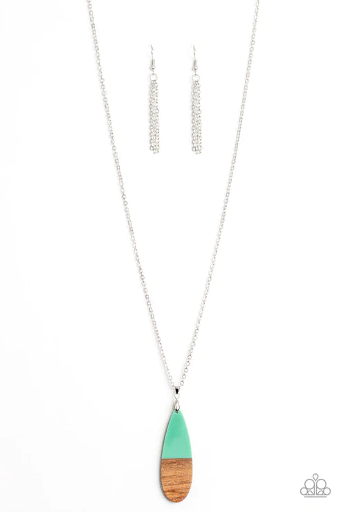 Going Overboard - Biscay Green Dipped Wooden Teardrop Pendant Necklace N#2582
