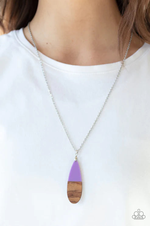 Going Overboard - Purple Dipped Wooden Teardrop Pendant Necklace N#2158
