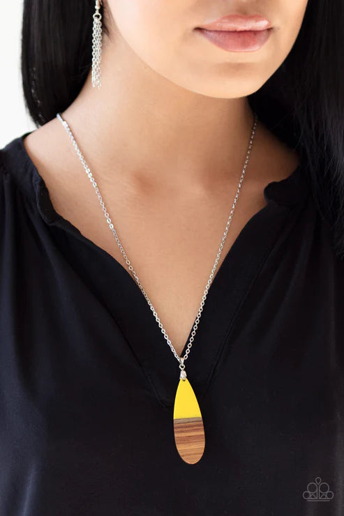 Going Overboard - Sunny Yellow Dipped Wooden Teardrop Pendant Necklace N#2493