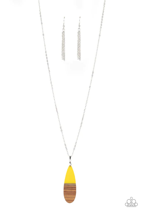 Going Overboard - Sunny Yellow Dipped Wooden Teardrop Pendant Necklace N#2493
