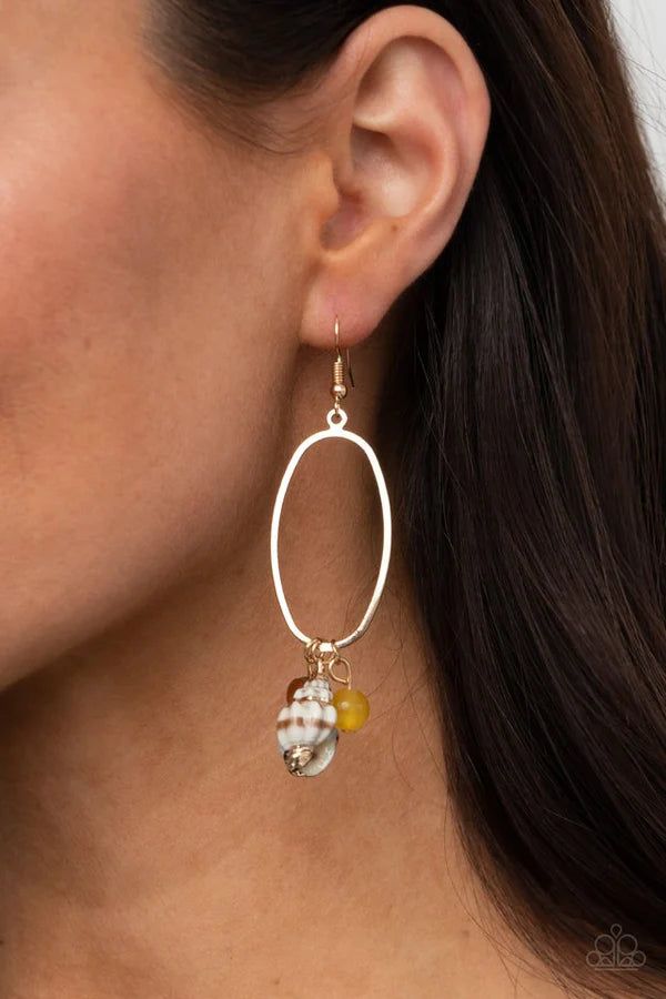 Golden Grotto - Oversized Yellow Oval Gilded Beach Seashell/Wooden/Cat's Eye Moonstone Fringe Earrings E#027