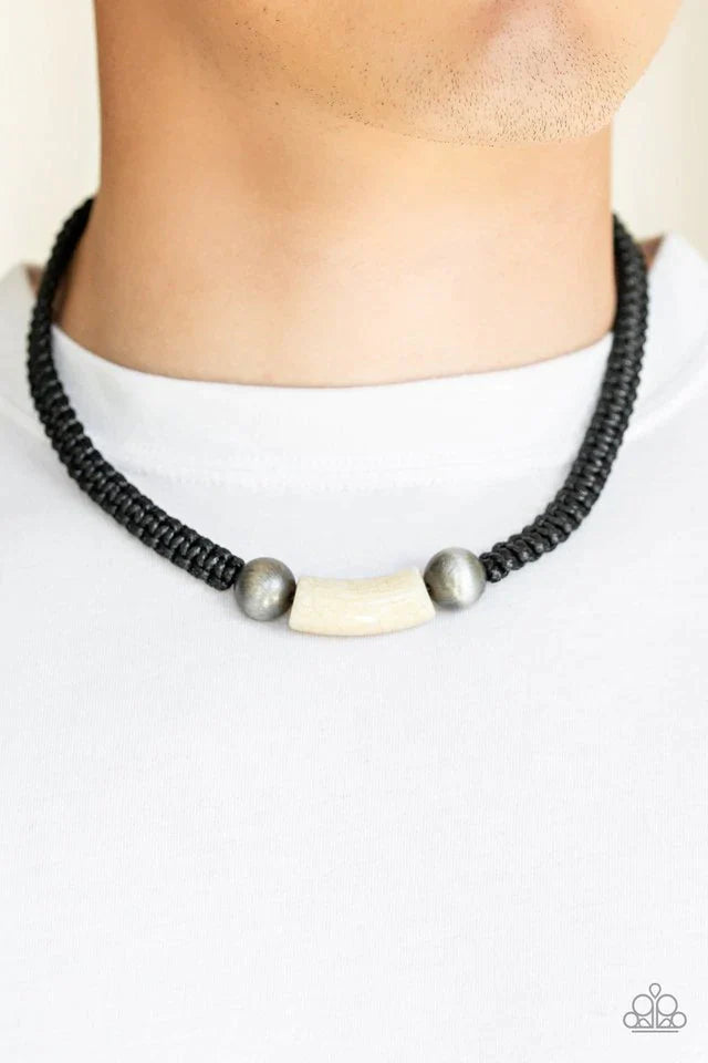 Gone Adventuring - Oversized Black/Gunmetal Cat's Eye Flanked Marble Braided Cord Button Loop Closure Urban Necklace N#1149