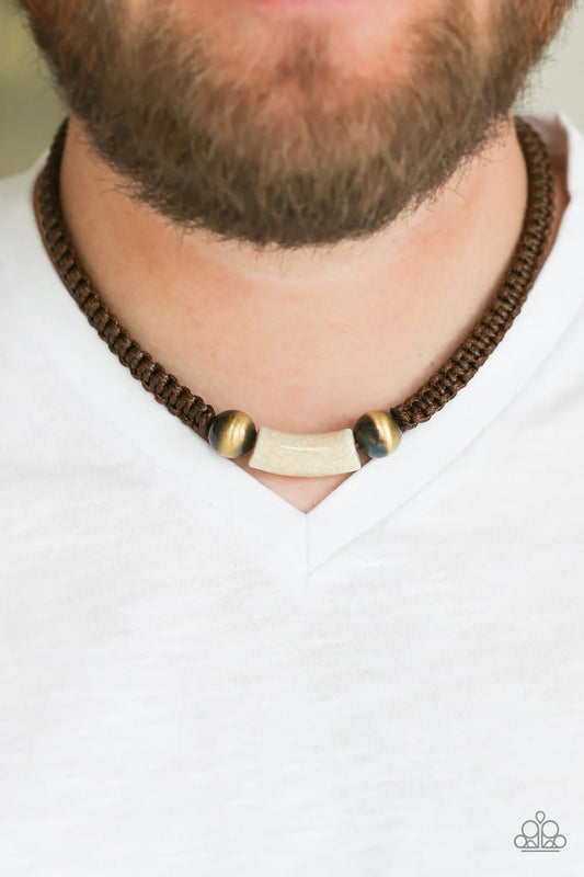 Gone Adventuring - Oversized Brown/Brass Cat's Eye Flanked Marble Braided Cord Button Loop Closure Urban Necklace N#912