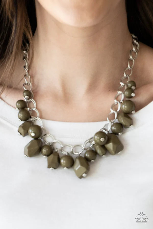 Gorgeously Globetrotter - Oversized Martini Olive Green Faceted Imperfect Duo Chain Link Fringe Necklace N#599