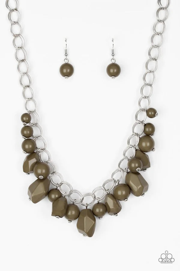 Gorgeously Globetrotter - Oversized Martini Olive Green Faceted Imperfect Duo Chain Link Fringe Necklace N#599
