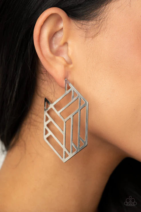 Gotta Get GEO-ing - Silver Hexagon Hoop Earrings E#2618