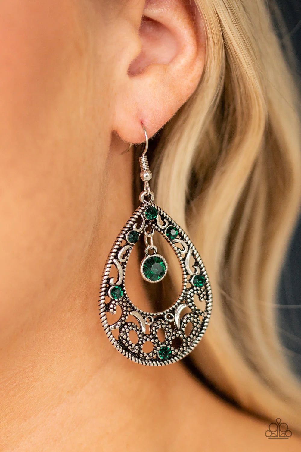 Gotta Get That Glow - Green Studded "Swing" Swirl Filigree Earrings E#1399