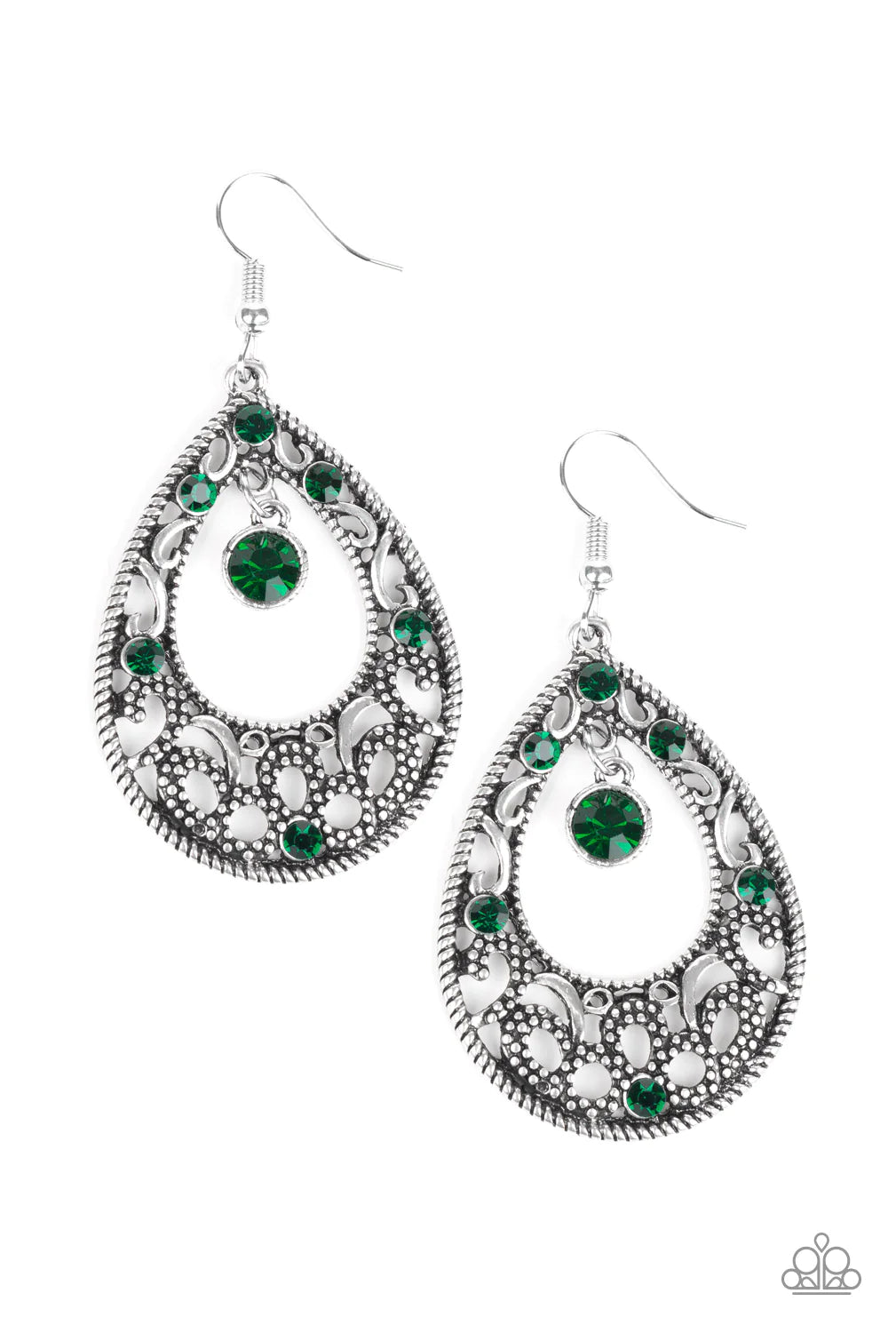 Gotta Get That Glow - Green Studded "Swing" Swirl Filigree Earrings E#1399