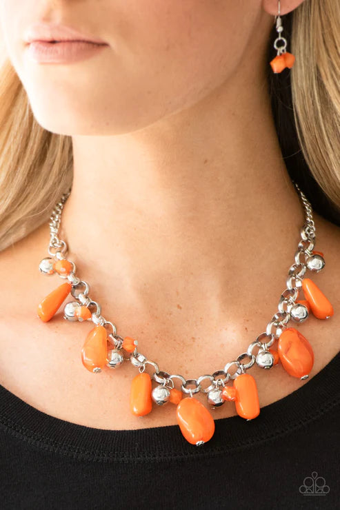 Grand Canyon Grotto - Orange (Turmeric) Polished/Cloudy Faux Rocks Trickle Dance Fringe Necklace N#2177