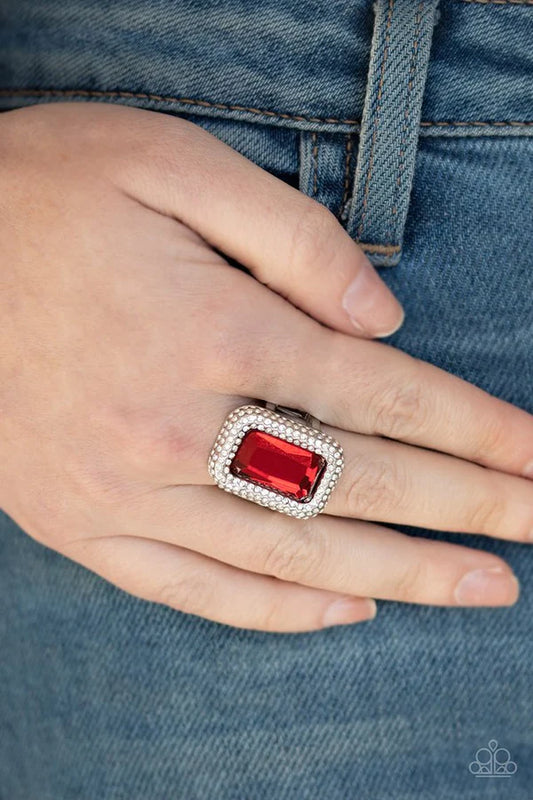 A Grand STATEMENT-MAKER - Red Regal Emerald Cut Dramatic Oversized Gem Nestled Frame Encrusted White Blinding Ring R#459
