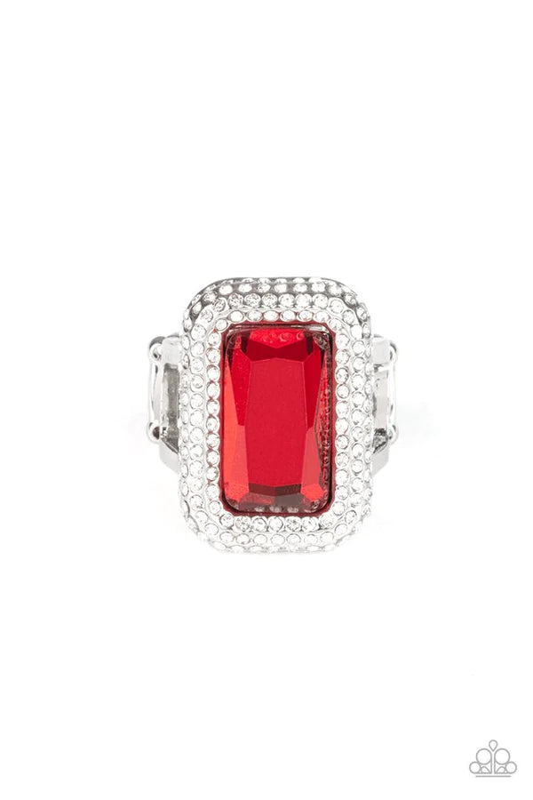 A Grand STATEMENT-MAKER - Red Regal Emerald Cut Dramatic Oversized Gem Nestled Frame Encrusted White Blinding Ring R#459