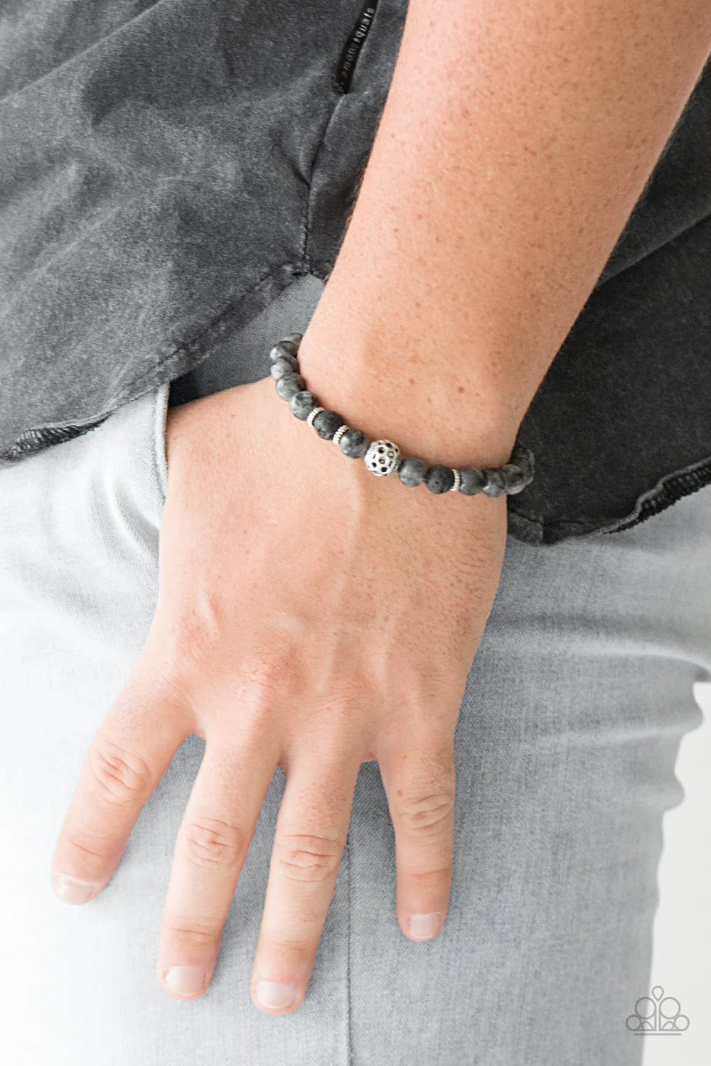 Gratitude - Black/Silver Lava Rock/Natural Stone Accent Urban Bracelet B#1116