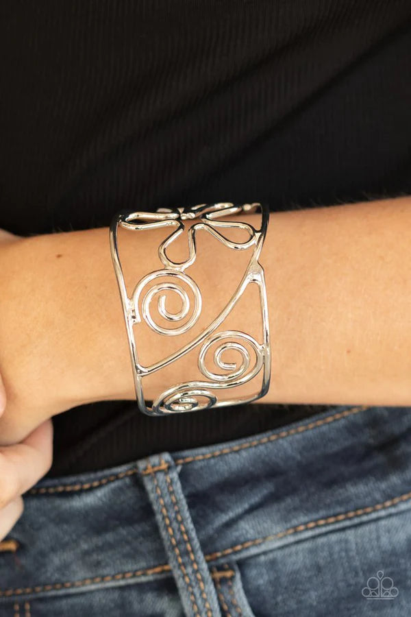Groovy Sensations - Silver Groovy Swirl 3D Floral Psychedelic Cuff Bracelet B#809