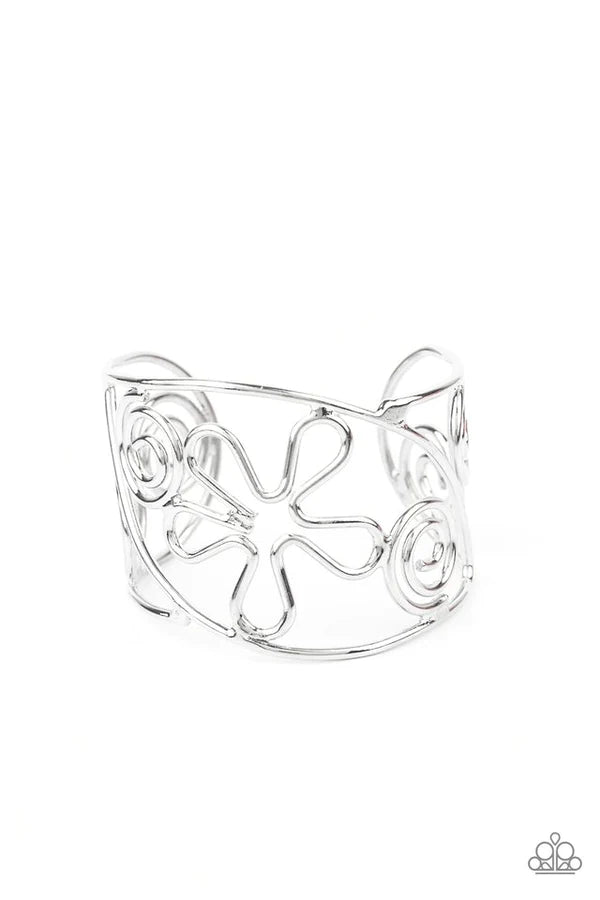 Groovy Sensations - Silver Groovy Swirl 3D Floral Psychedelic Cuff Bracelet B#809
