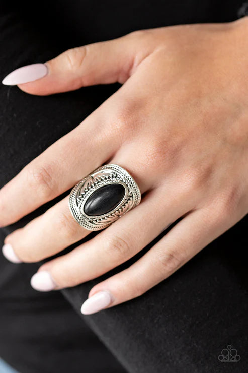 Ground RULER - Oversized Black Oval Studded Textured Rippled Marquise Stone Ring R#1756