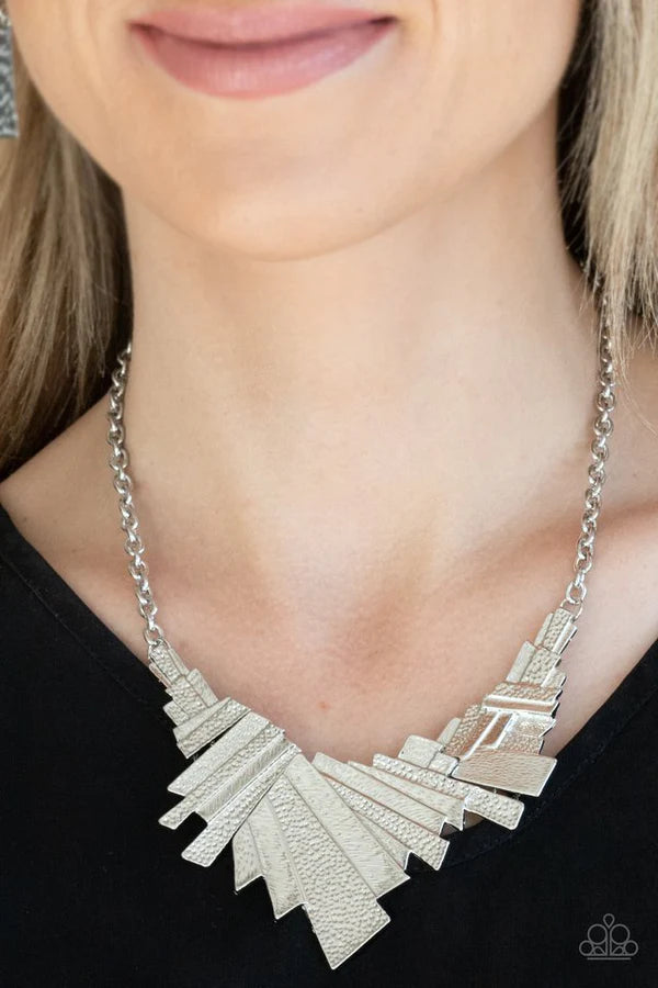 Happily Ever AFTERSHOCK - Silver Rectangular AFTERSHOCK Collision Hammered Shimmer Industrial  Necklace N#865