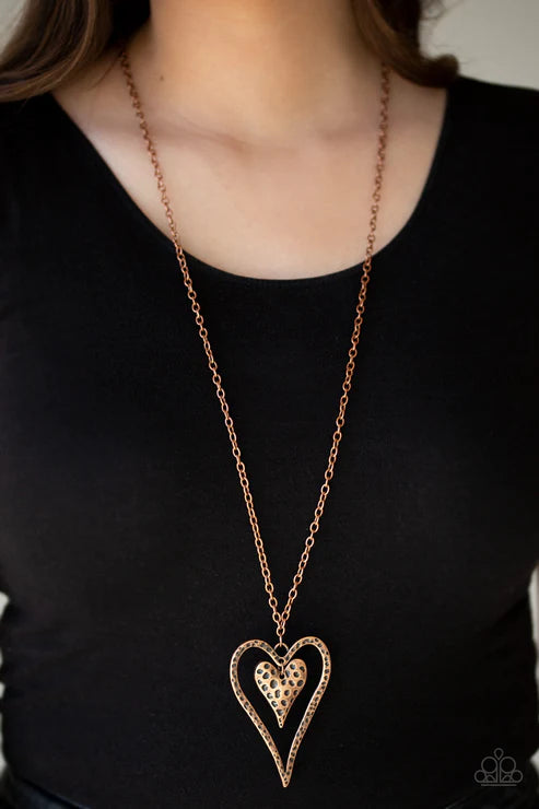 Hardened Hearts - Oversized Copper Hammered Antiqued Texture Mismatched 3D Heart Necklace N#2695