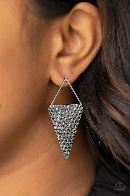 Have A Bite - Oversized Black Hammered Triangular Silhouette Lure Earrings E#2680