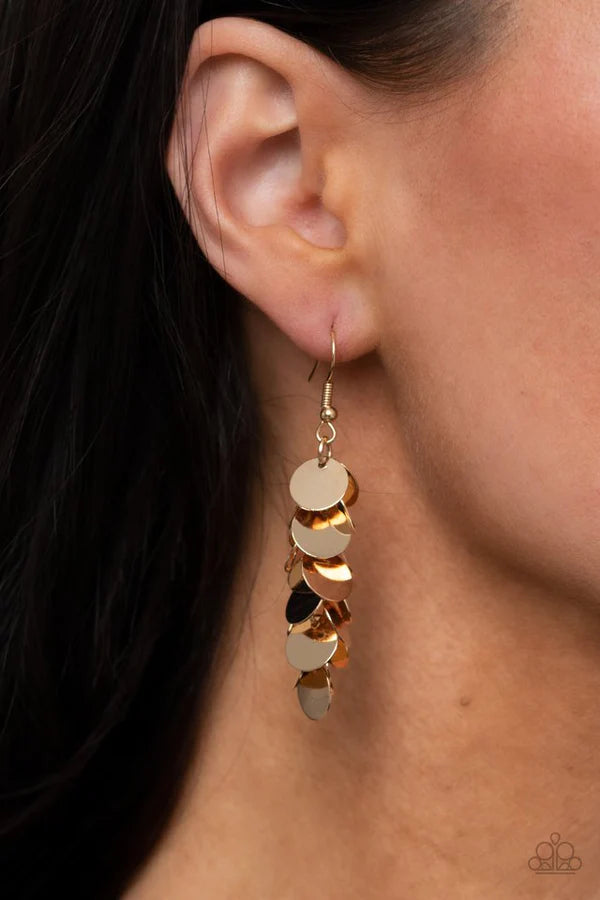 Hear Me Shimmer - Gold Trickle Discs Clustered Tassel Earrings E#428