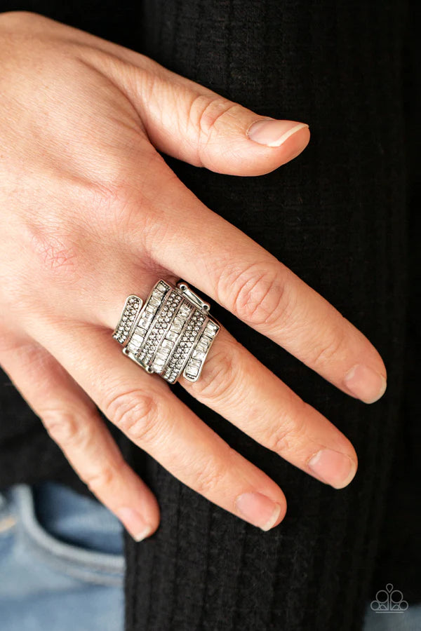 Hear Me UPROAR - Oversized White Dotted Encrusted Emerald Cut Stacked Ring R#870