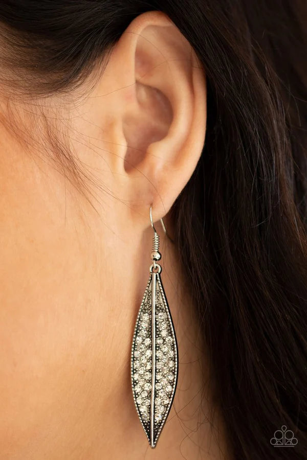 Hearty Harvest - Oversized White 3D Studded Leaf Encrusted Earrings E#908