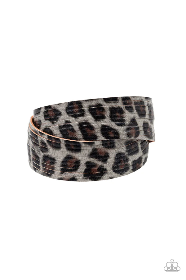 Hey GRRirl - Oversized Silver (Gray/Brown/Black) Painted Wild Cheetah Thick Spliced Leather Bands Adjustable Snap Closure Bracelet B#726