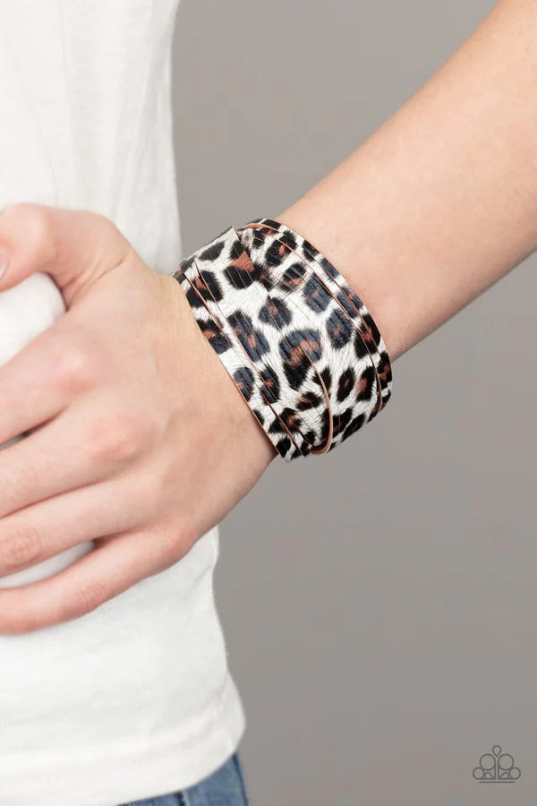 Hey GRRirl - Oversized White (White/Brown/Black ) Painted Wild Cheetah Thick Spliced Leather Bands Adjustable Snap Closure Bracelet B#760
