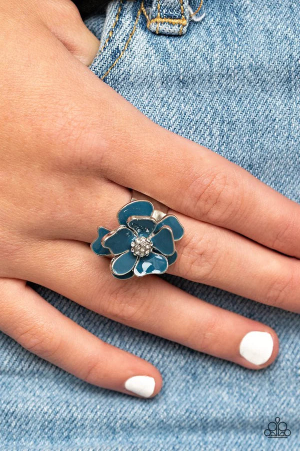 Hibiscus Holiday - Oversized Blue 3D Painted Colorful Petals White Encrusted Whimsically Flowering Ring R#1179