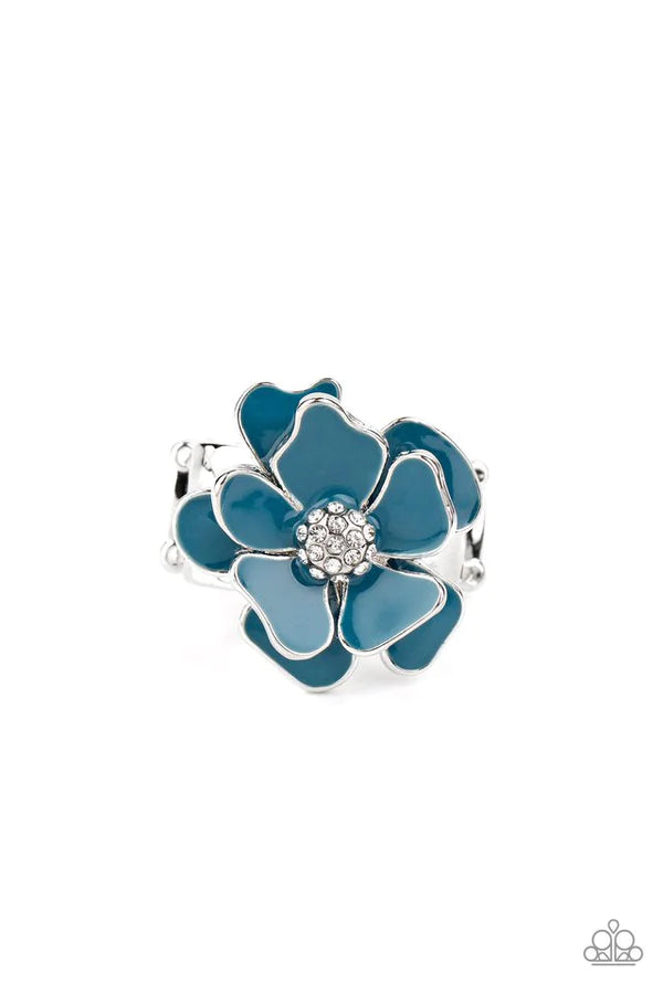 Hibiscus Holiday - Oversized Blue 3D Painted Colorful Petals White Encrusted Whimsically Flowering Ring R#1179