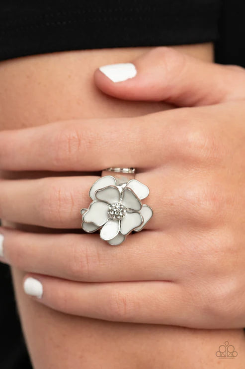 Hibiscus Holiday - Oversized White 3D Painted Colorful Petals White Encrusted Whimsically Flowering Ring R#2605
