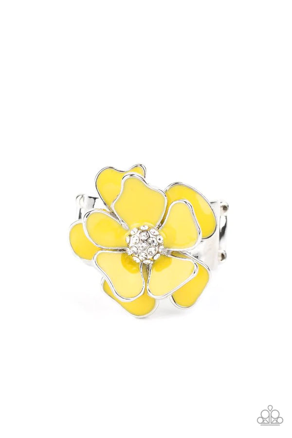 Hibiscus Holiday - Oversized Yellow (Sunny) 3D Painted Colorful Petals White Encrusted Whimsically Flowering Ring R#1209