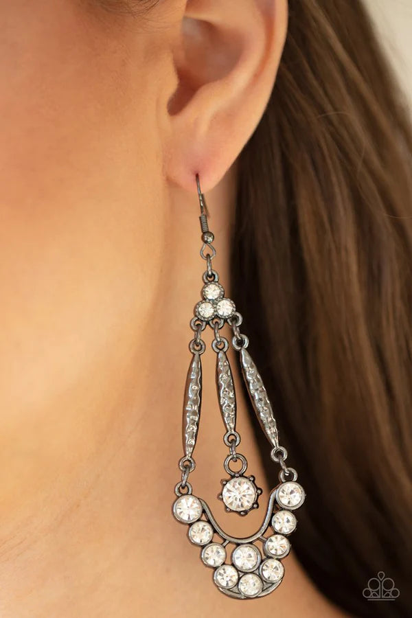 High-Ranking Radiance - Oversized Bubbly Black/Gunmetal Trio Encrusted "Swing" Hammered Solitaire Chandelier Earrings E#053