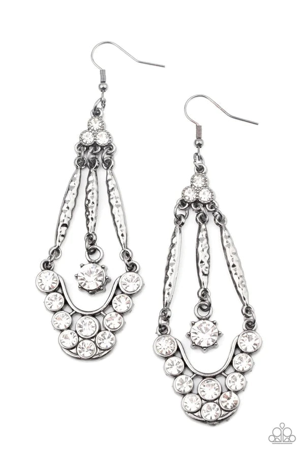 High-Ranking Radiance - Oversized Bubbly Black/Gunmetal Trio Encrusted "Swing" Hammered Solitaire Chandelier Earrings E#053