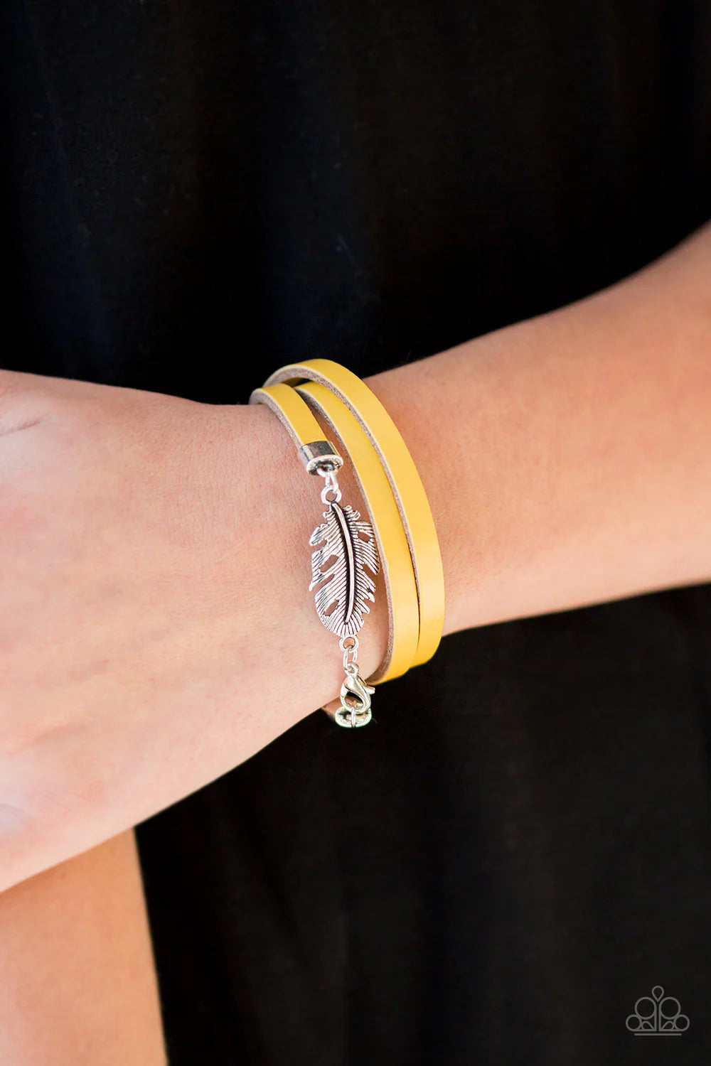 High Spirits - Yellow/Silver 3D Feather Charm Triple Wrap Leather Bracelet B#1264
