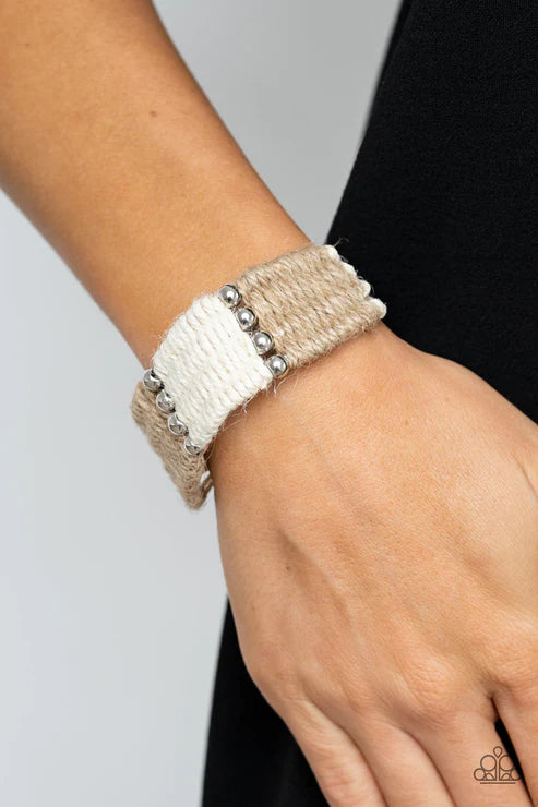 High Tides - Brown/White/Tan/Silver Beach Knotted Weaved Twine Cord Adjustable Sliding Knot Closure Urban Bracelet B#1998