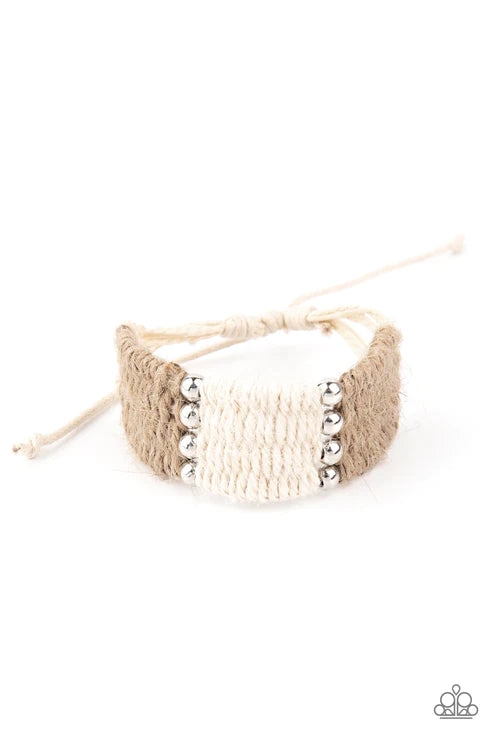 High Tides - Brown/White/Tan/Silver Beach Knotted Weaved Twine Cord Adjustable Sliding Knot Closure Urban Bracelet B#1998