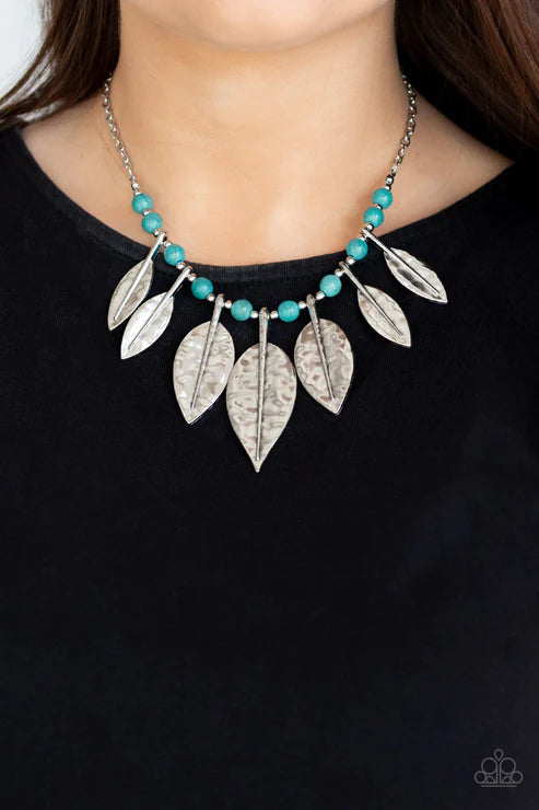 Highland Harvester - Oversized Blue 3D Leafy Hammered Stone Necklace N#2469