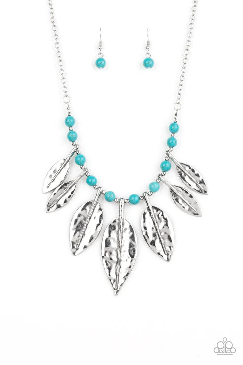 Highland Harvester - Oversized Blue 3D Leafy Hammered Stone Necklace N#2469